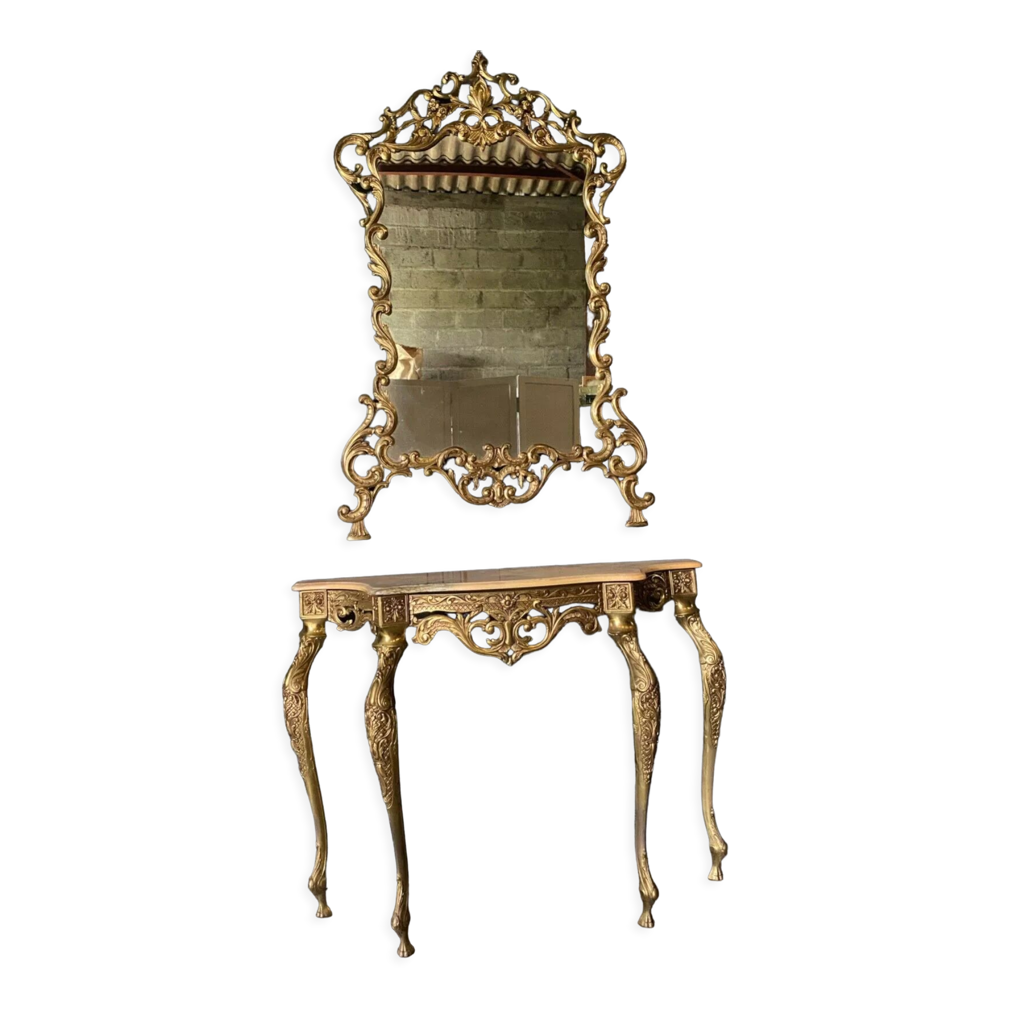 Gilded bronze console Louis XV style and its Mirror Mid-twentieth Marble