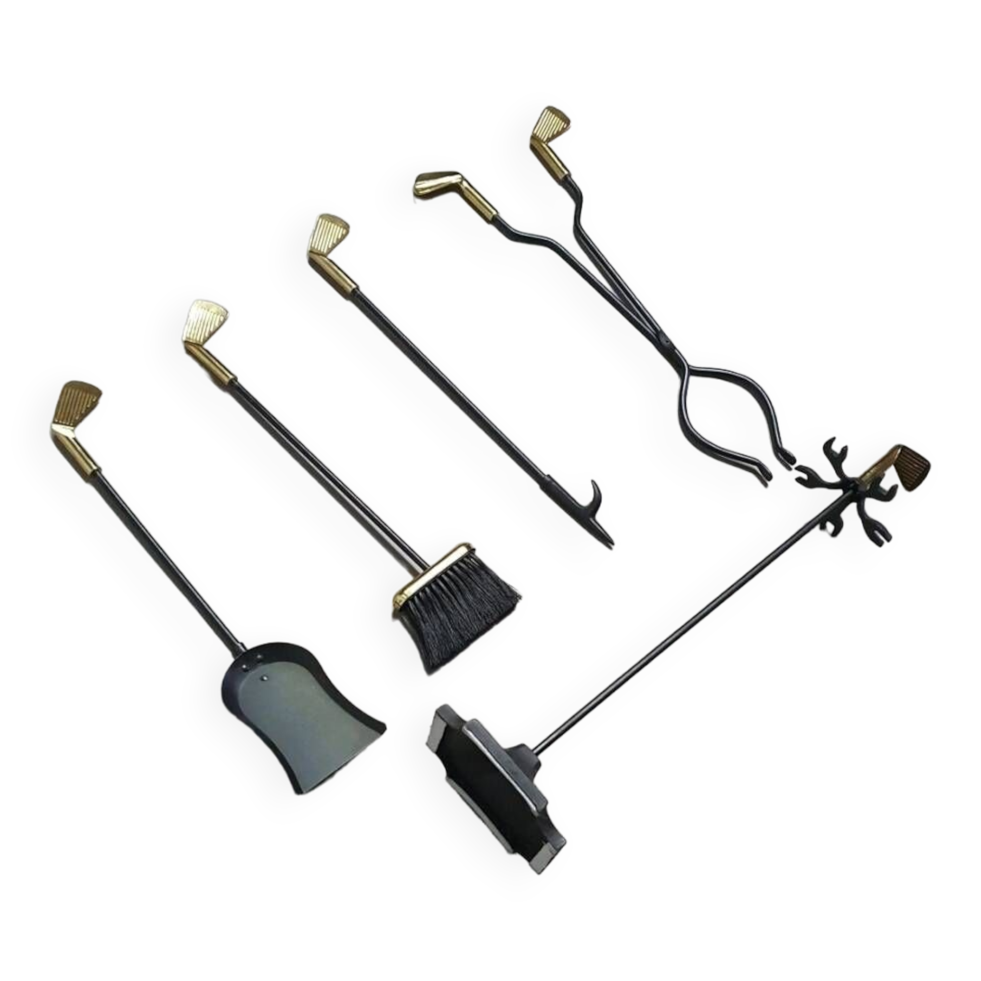 Vintage Set of five Brass Fireplace Tools in Golf Themed Clubs, France circa 1950's
