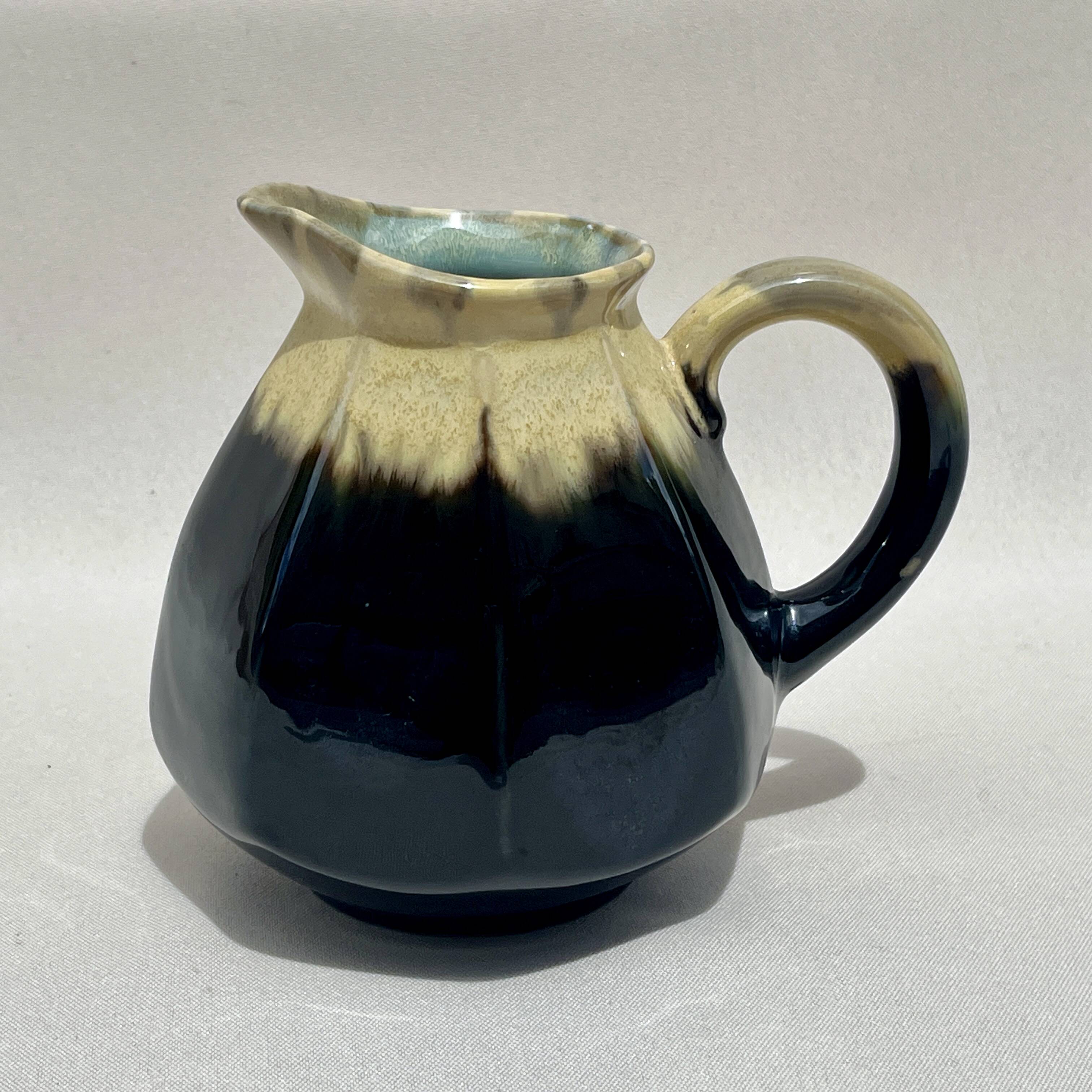 Alpho pitcher in flamed black yellow stoneware vintage 1930 1940 water jug
