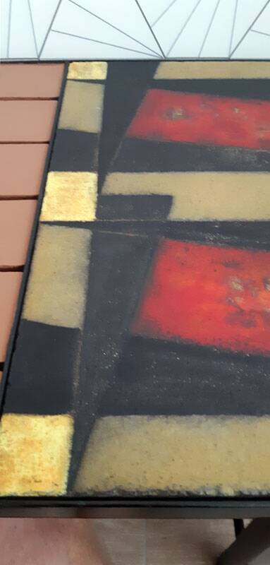 Vintage coffee table in ceramic, wood, and metal.