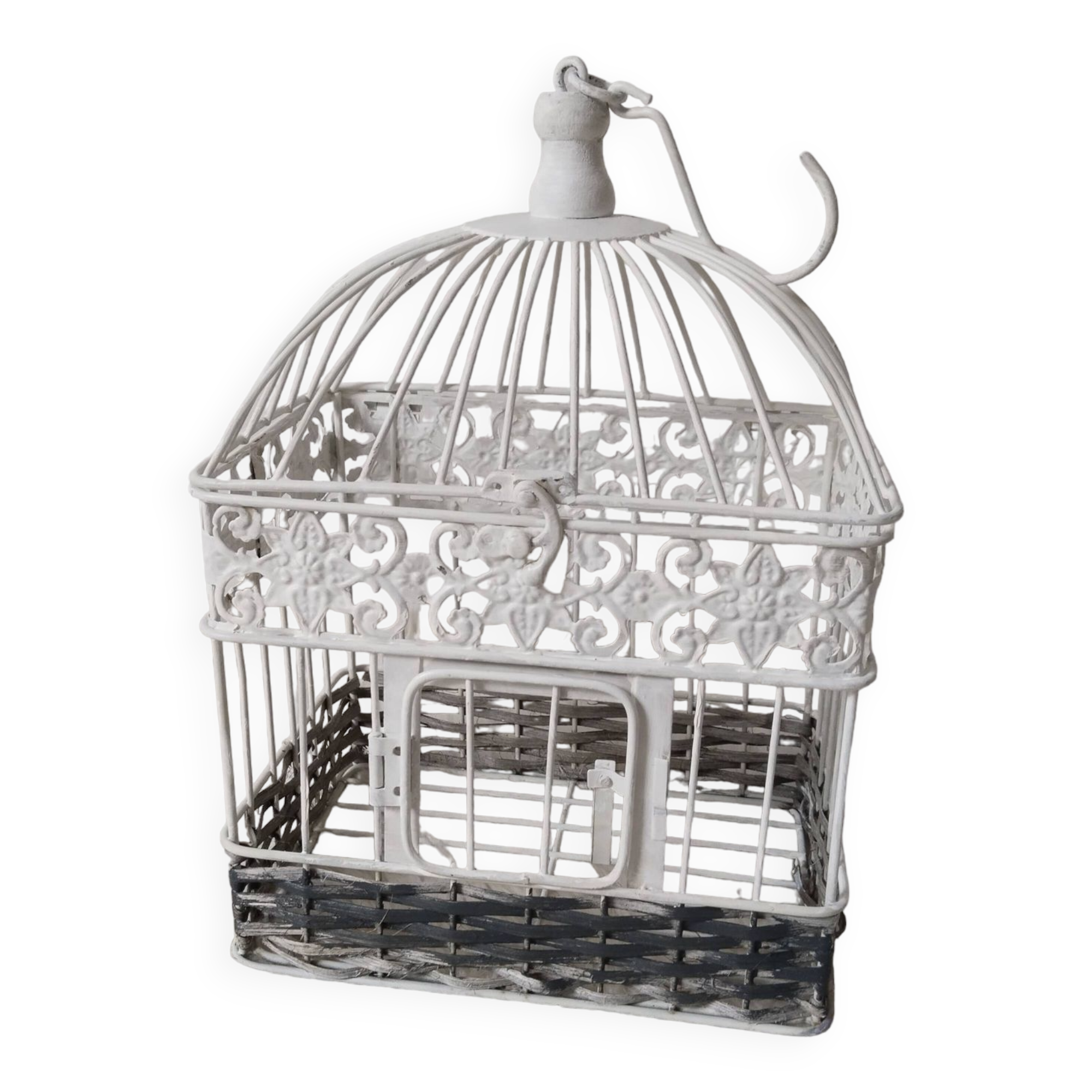 Cage for metal decoration, white patina and rattan, wedding decoration, aviary