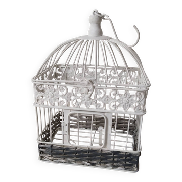 Cage for metal decoration, white patina and rattan, wedding decoration, aviary