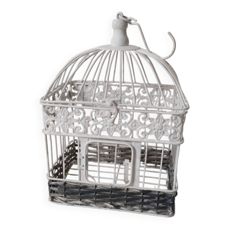 Cage for metal decoration, white patina and rattan, wedding decoration, aviary