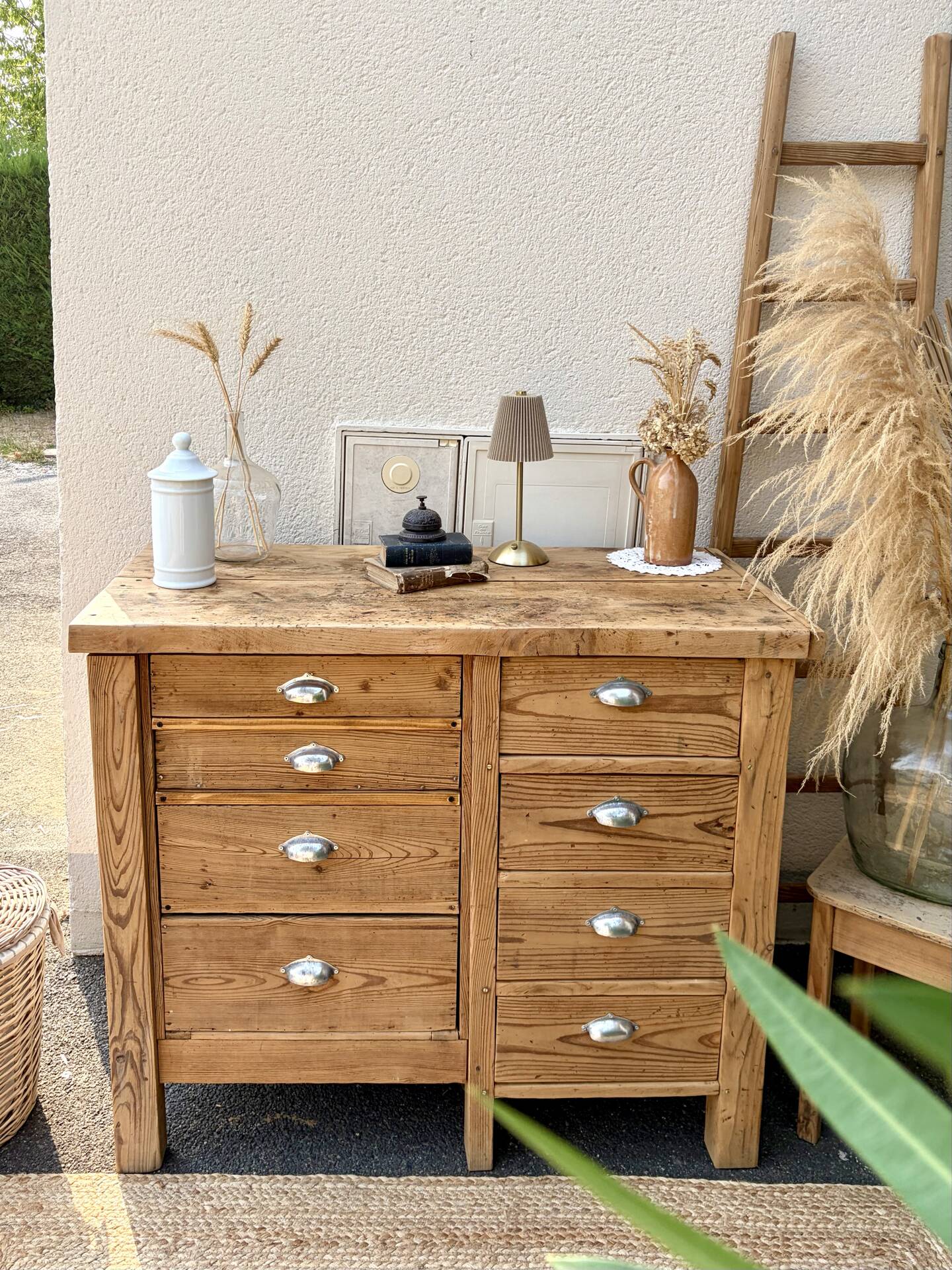 Old wooden workbench with 8 drawers.