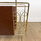 1960s faux leather and brass magazine rack