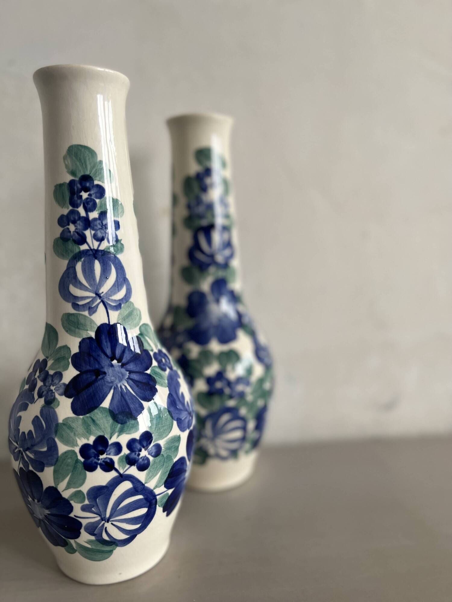 Lot of large Polish ceramic vases with hand-painted blue floral decoration