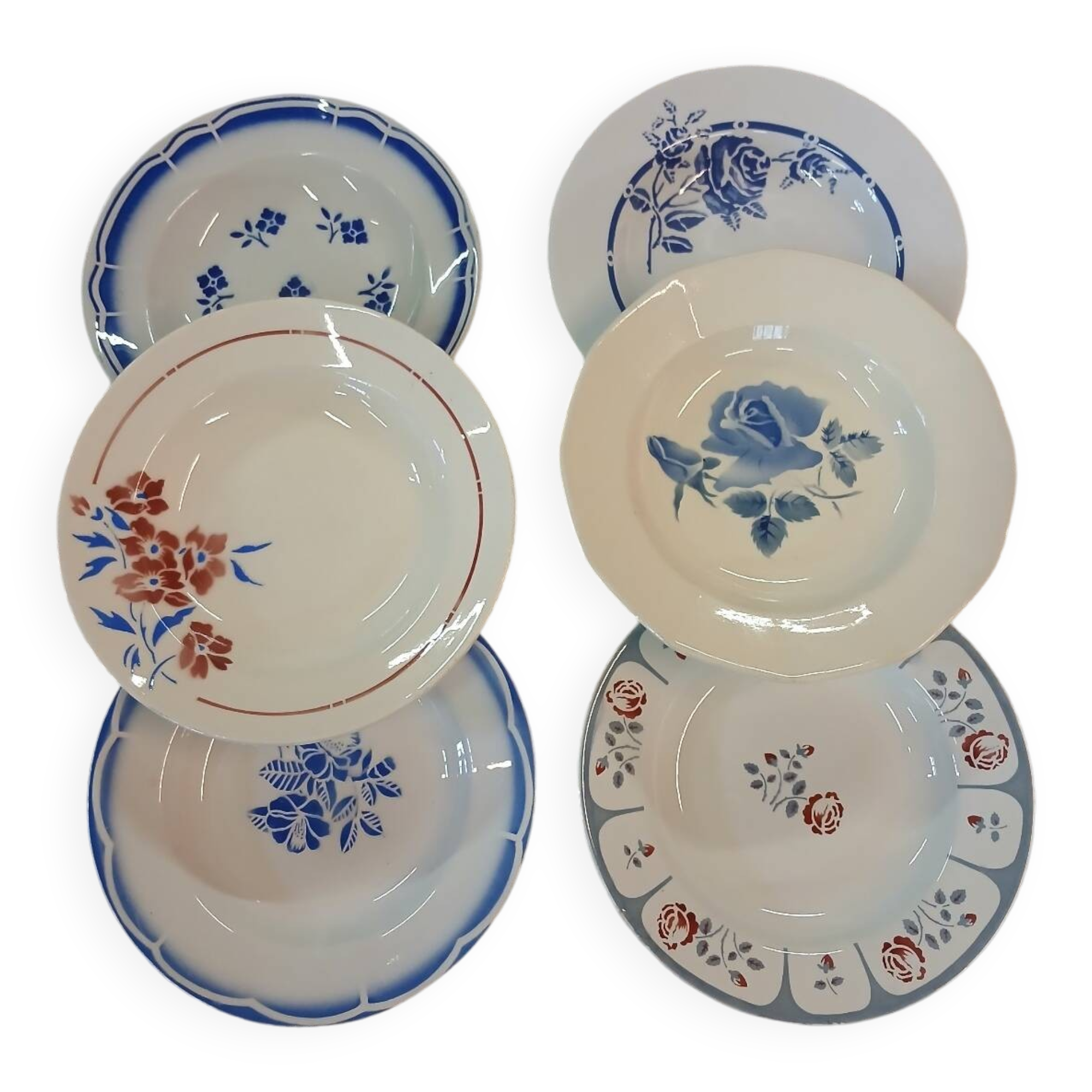 6 mismatched antique soup plates