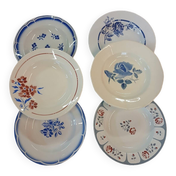 6 mismatched antique soup plates