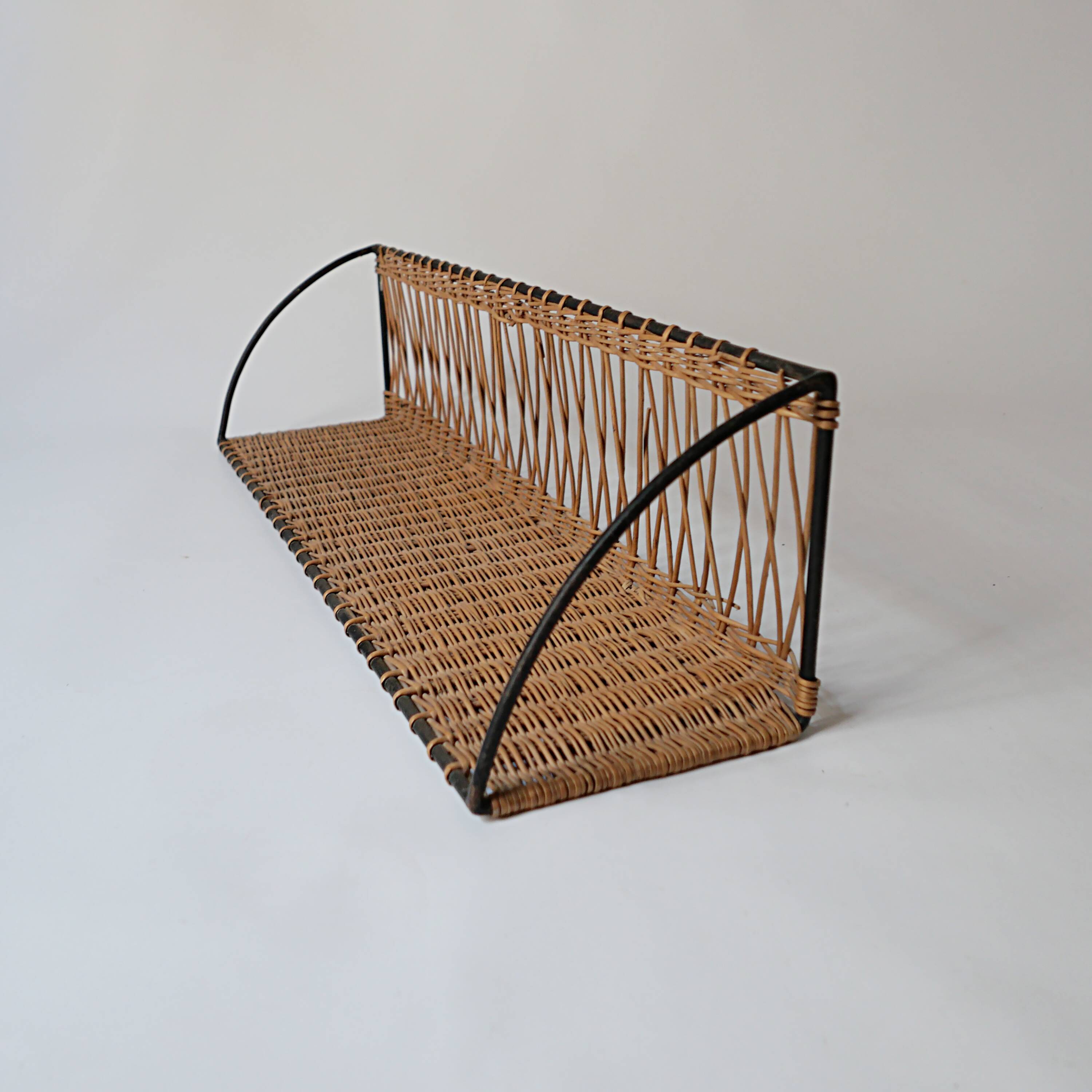 Vintage metal and wicker wall shelf, 1950s-1970s design, Mategot