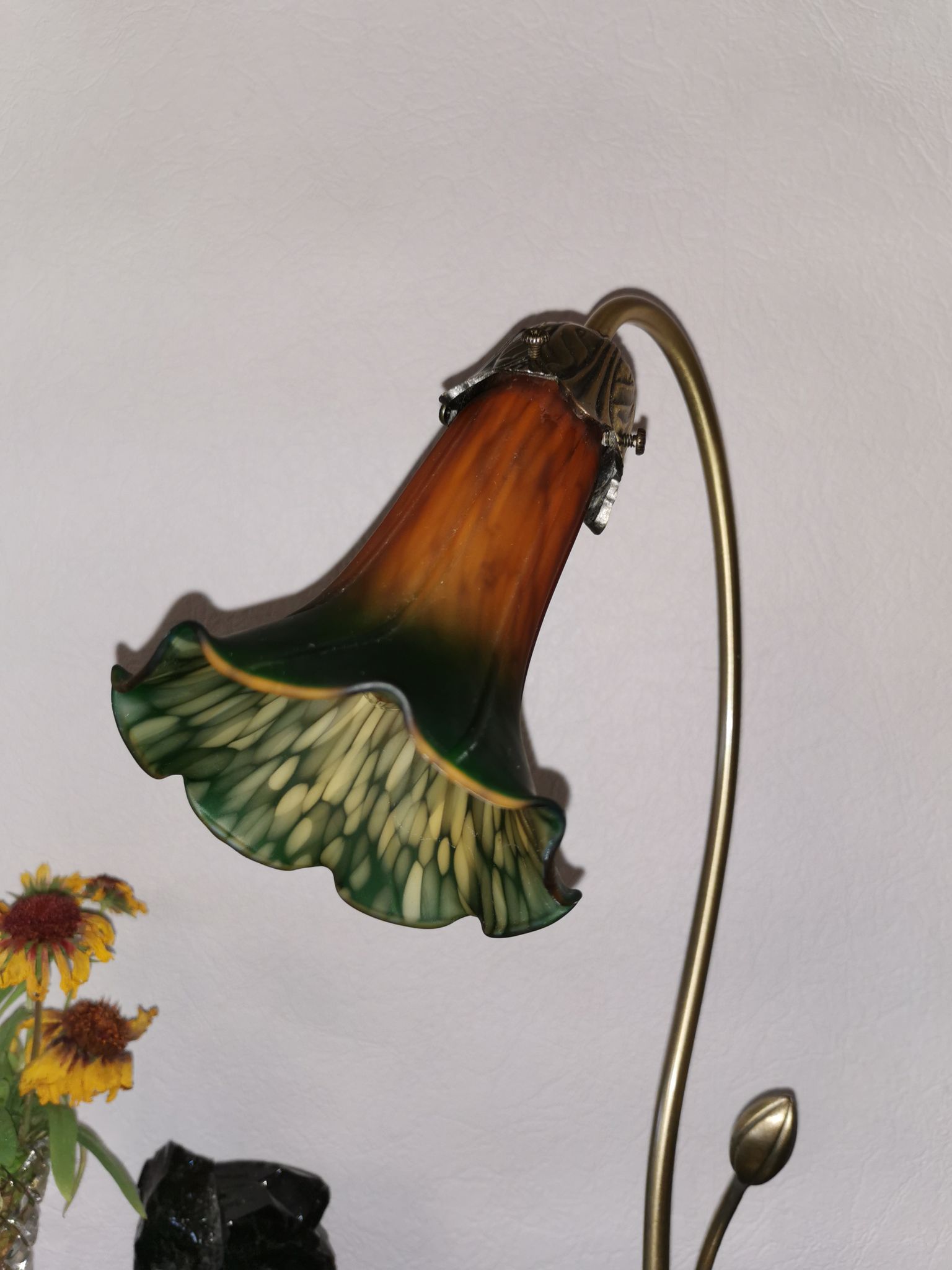 Brass water lily lamp and glass paste, art nouveau style.