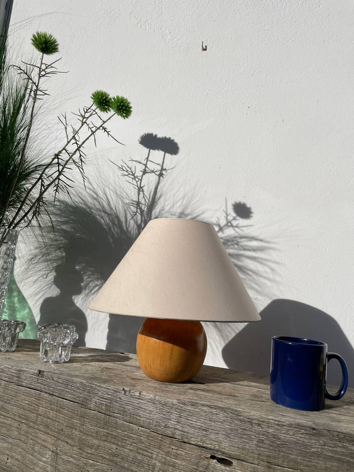 Wooden ball lamp with beige lampshade, 1980