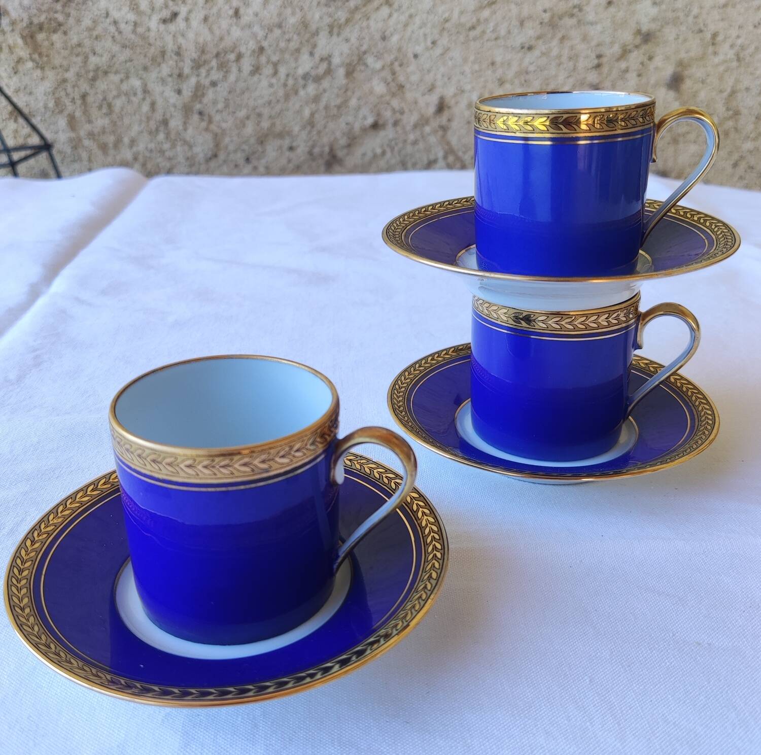 3 royal blue and gold cups and saucers - Royal Limoges porcelain