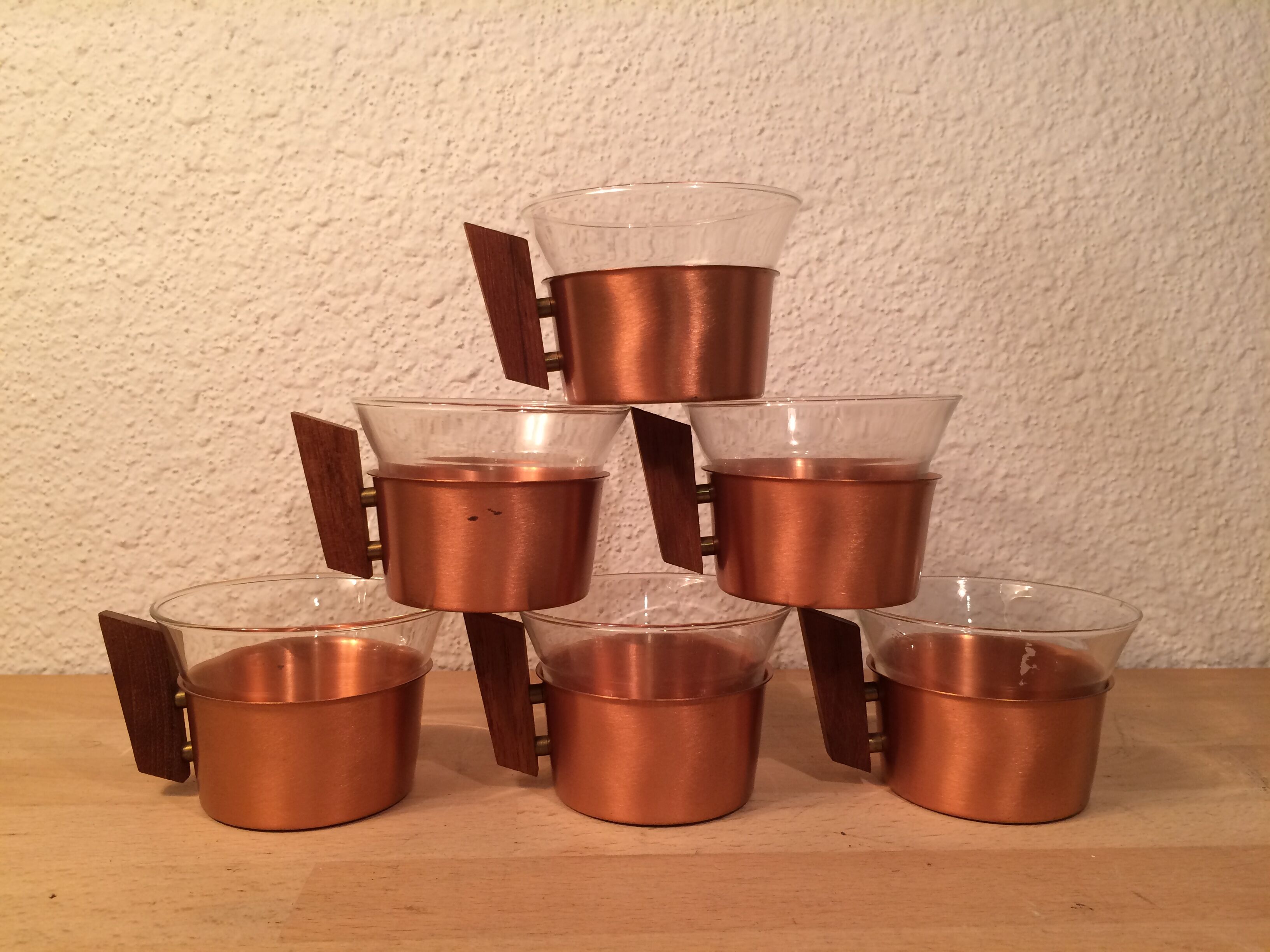 6 Scandinavian cups copper and teak Schott & Gen glass 70's