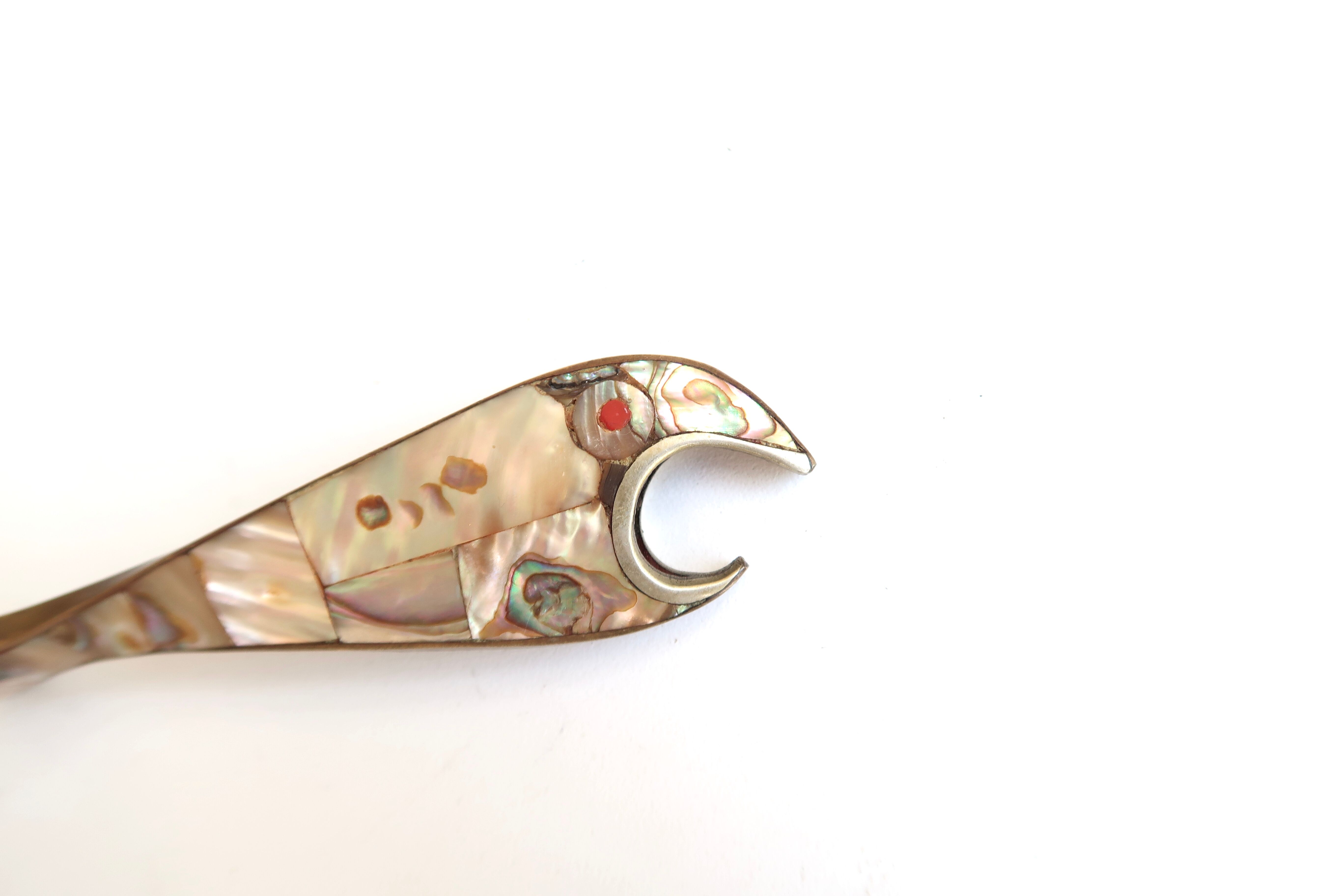 Mexican fish bottle opener in mother-of-pearl and brass, 50s