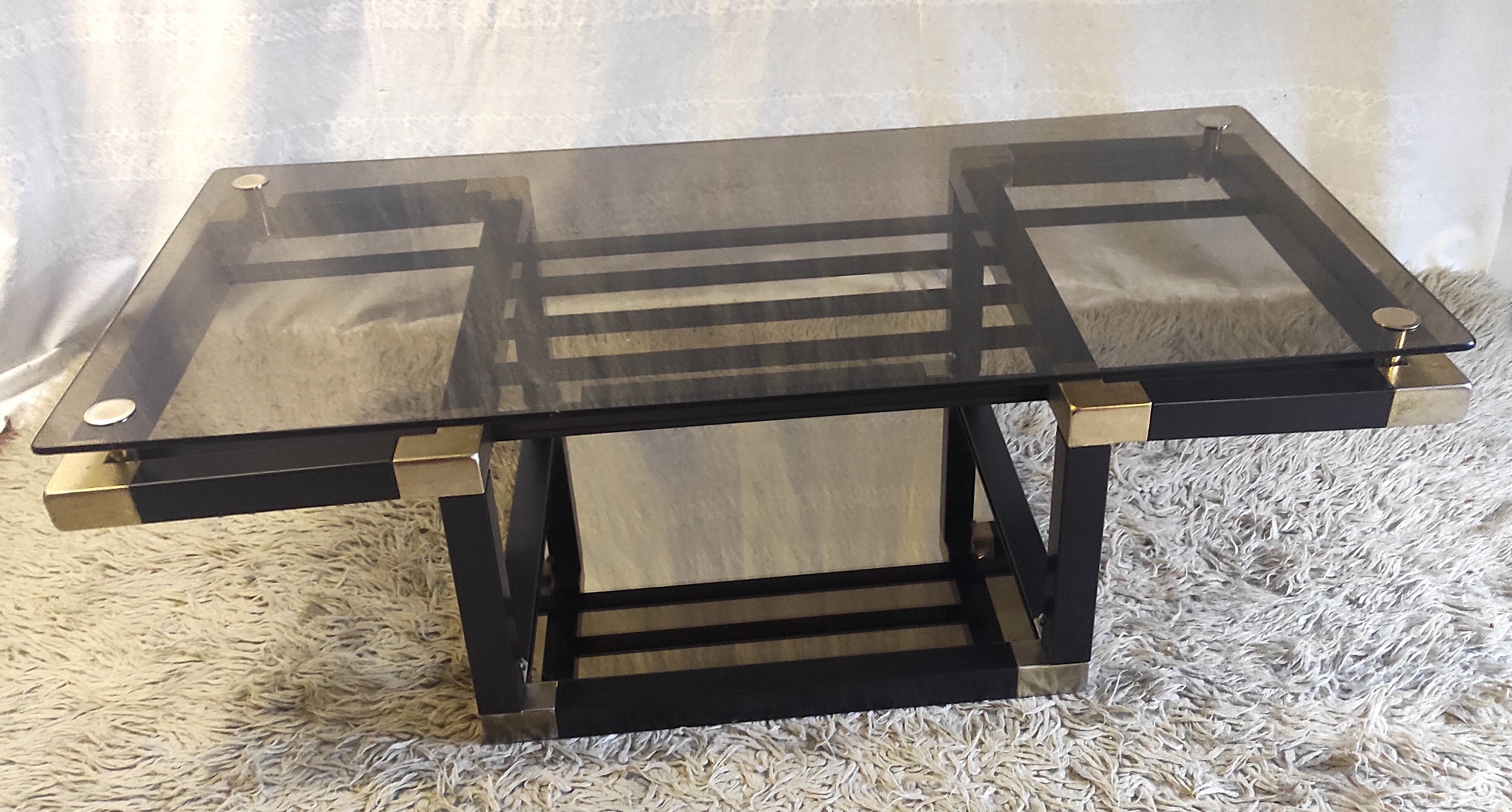 Designer coffee table in metal and smoked glass, 70s-80s