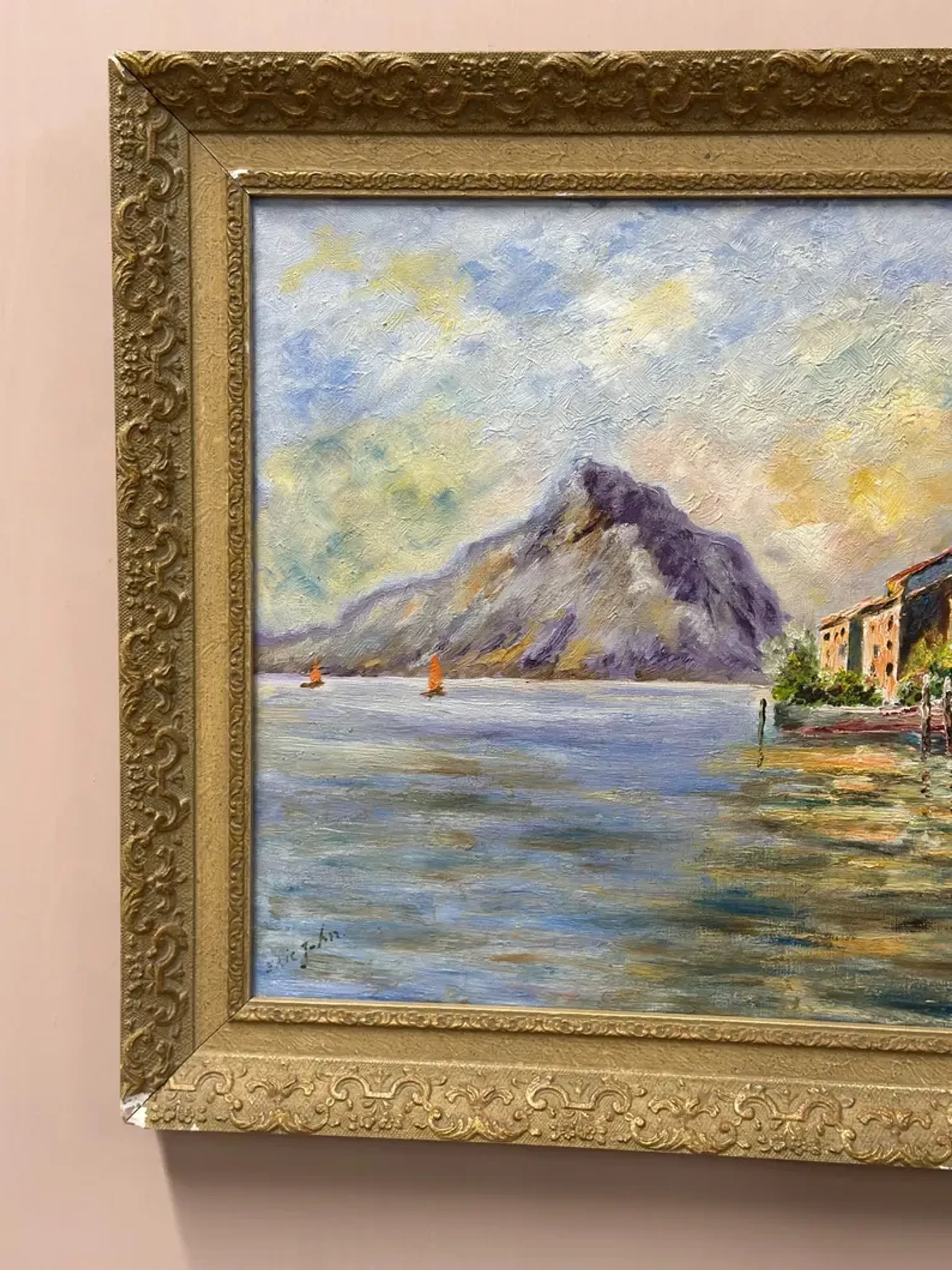 Original Swedish Oil on Canvas – “City and the Lake” by Eric Johan – Vintage & Framed