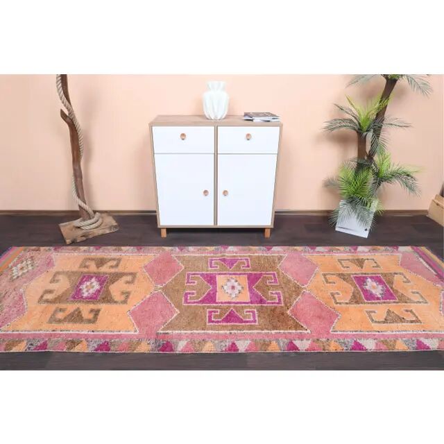 Vintage Turkish Hand-Knotted Wool Cotton Pink Runner 101x333
