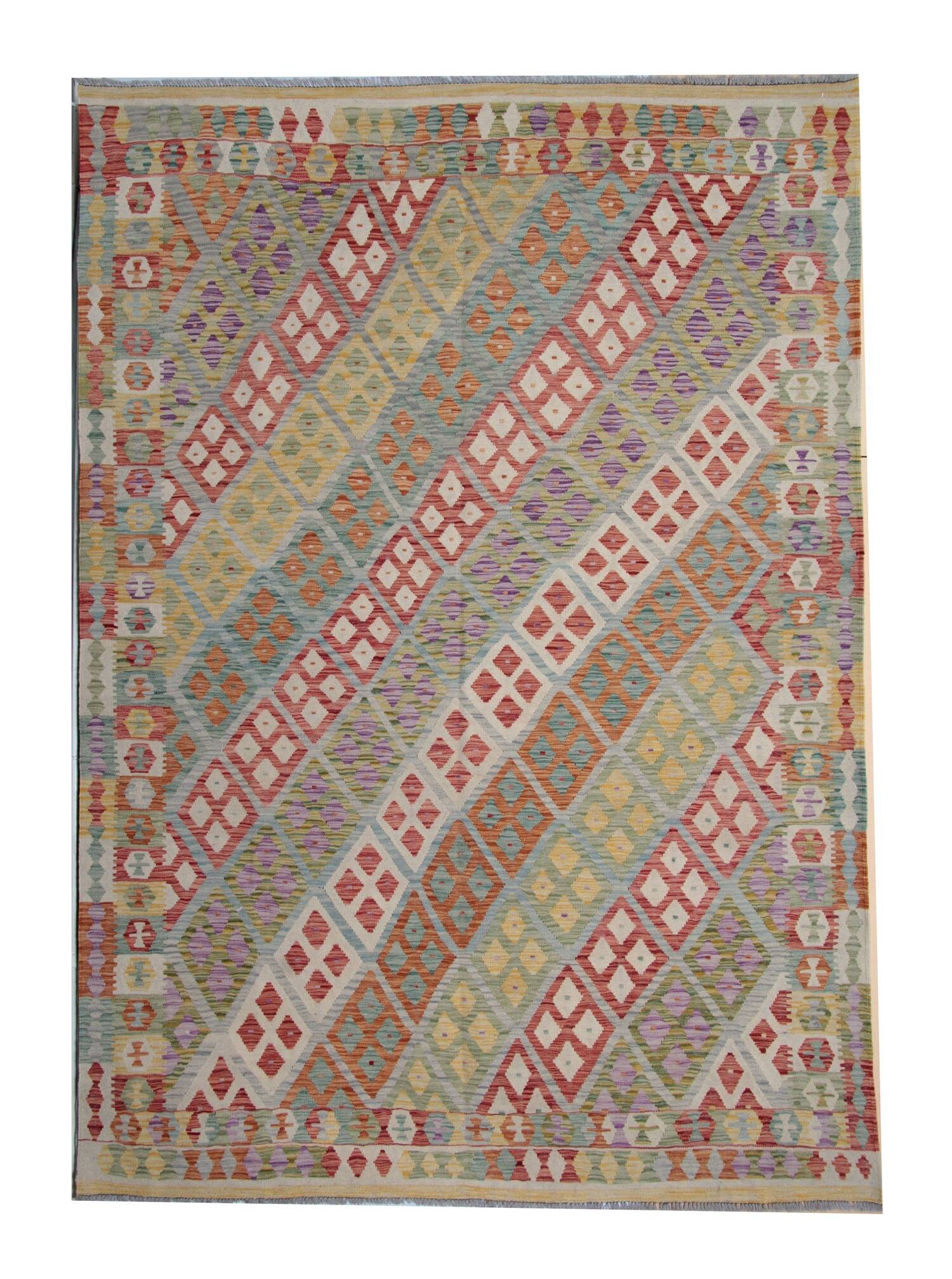 Multicolour Afghan Kilim Rug: Striped Contemporary Wool Flatweave 296x202cm