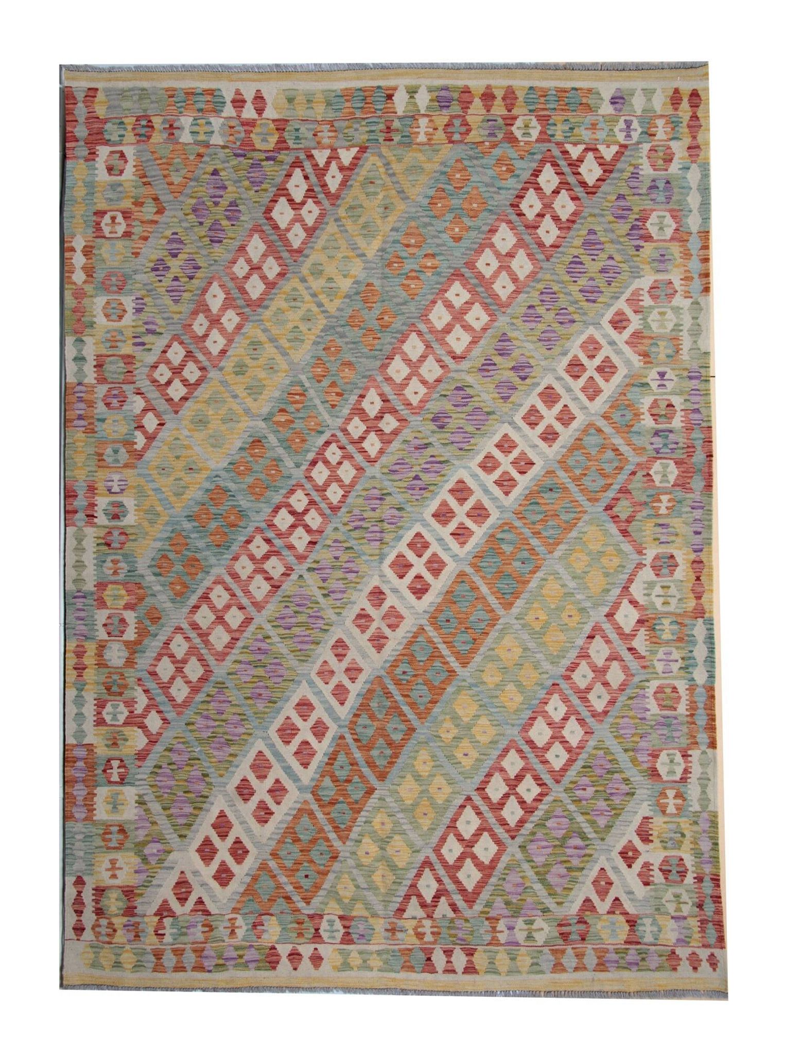Tapis Kilim afghan multicolore : tissage plat contemporain en laine à rayures 296 x 202 cm