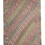 Tapis Kilim afghan multicolore : tissage plat contemporain en laine à rayures 296 x 202 cm