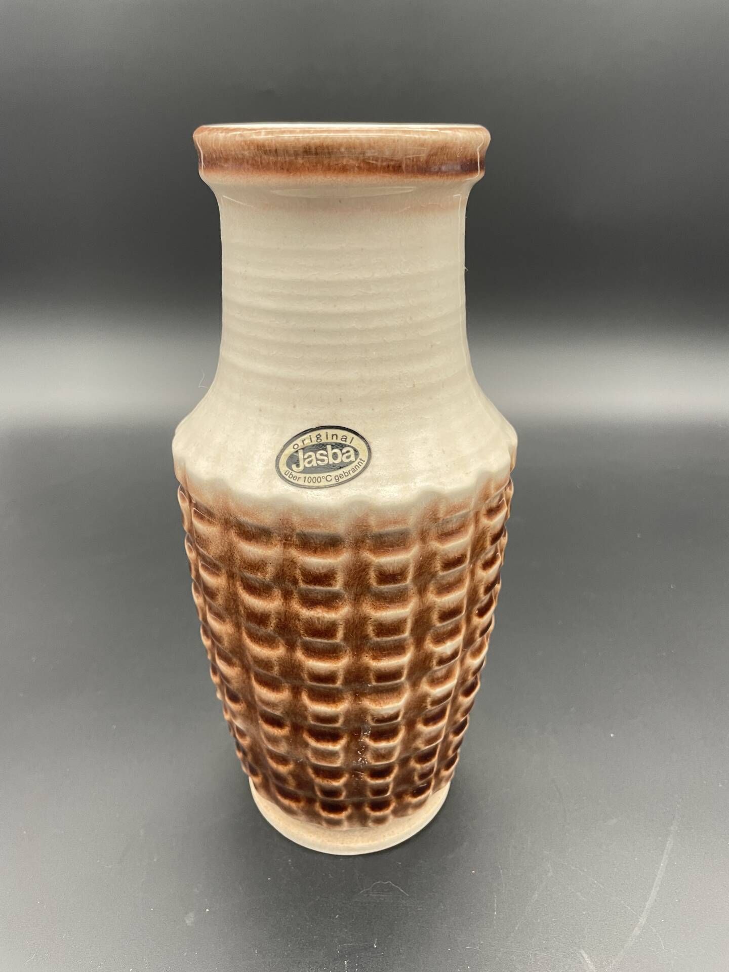 Vintage Jasba ceramic vase – brown and white geometric relief – A
