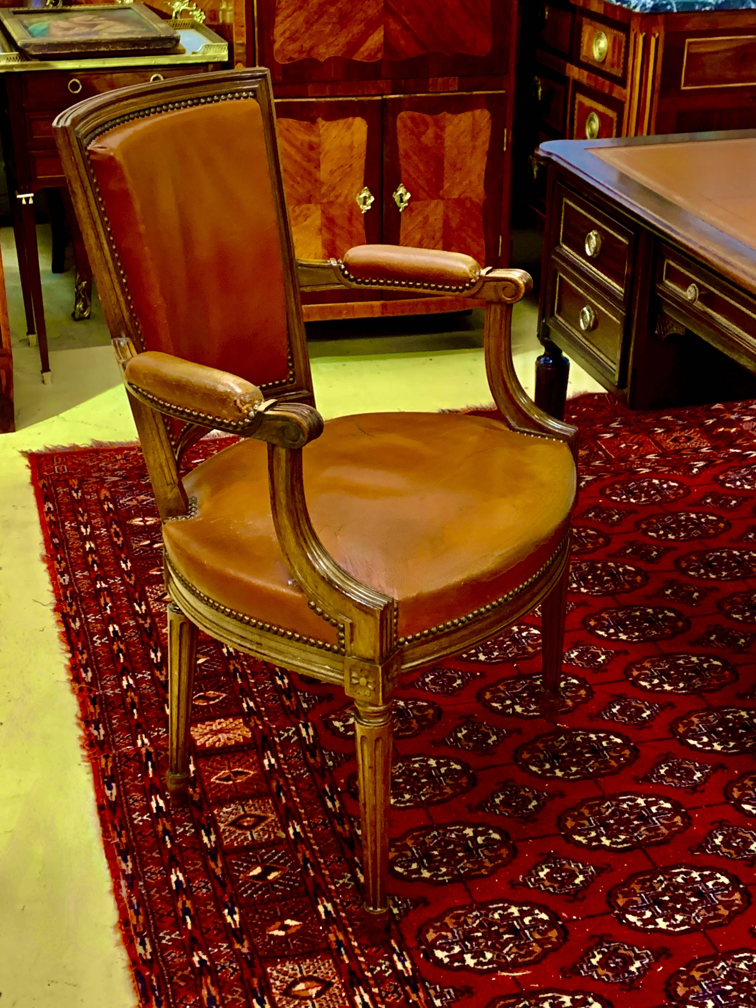 Louis XVI style desk, mahogany, tan leather