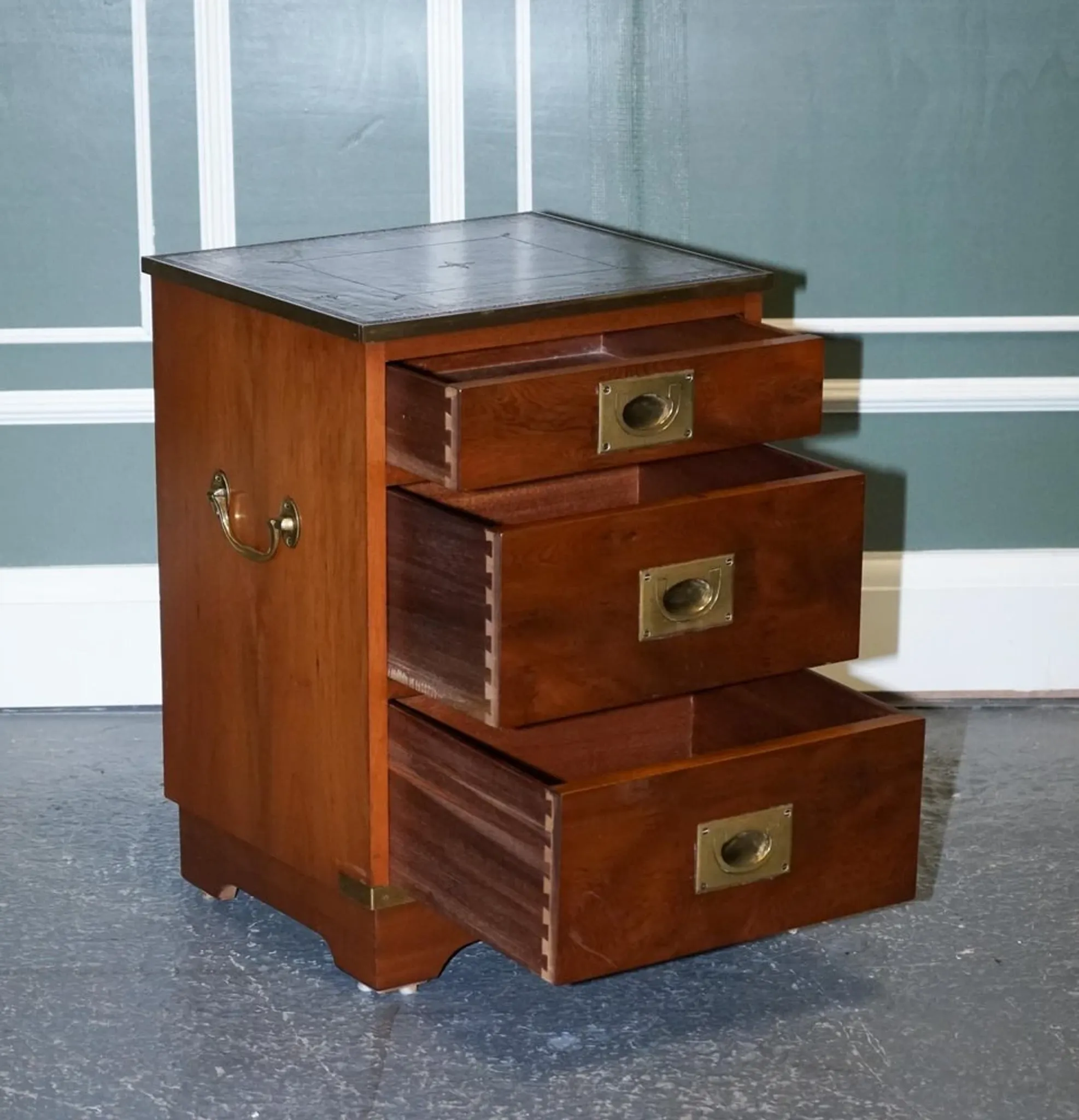Yew Wood Nightstand Military Campaign with Green Leather Top