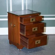 Yew Wood Nightstand Military Campaign with Green Leather Top