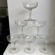 Set of 6 depicted Art Deco engraved crystal champagne glasses mismatched 50s