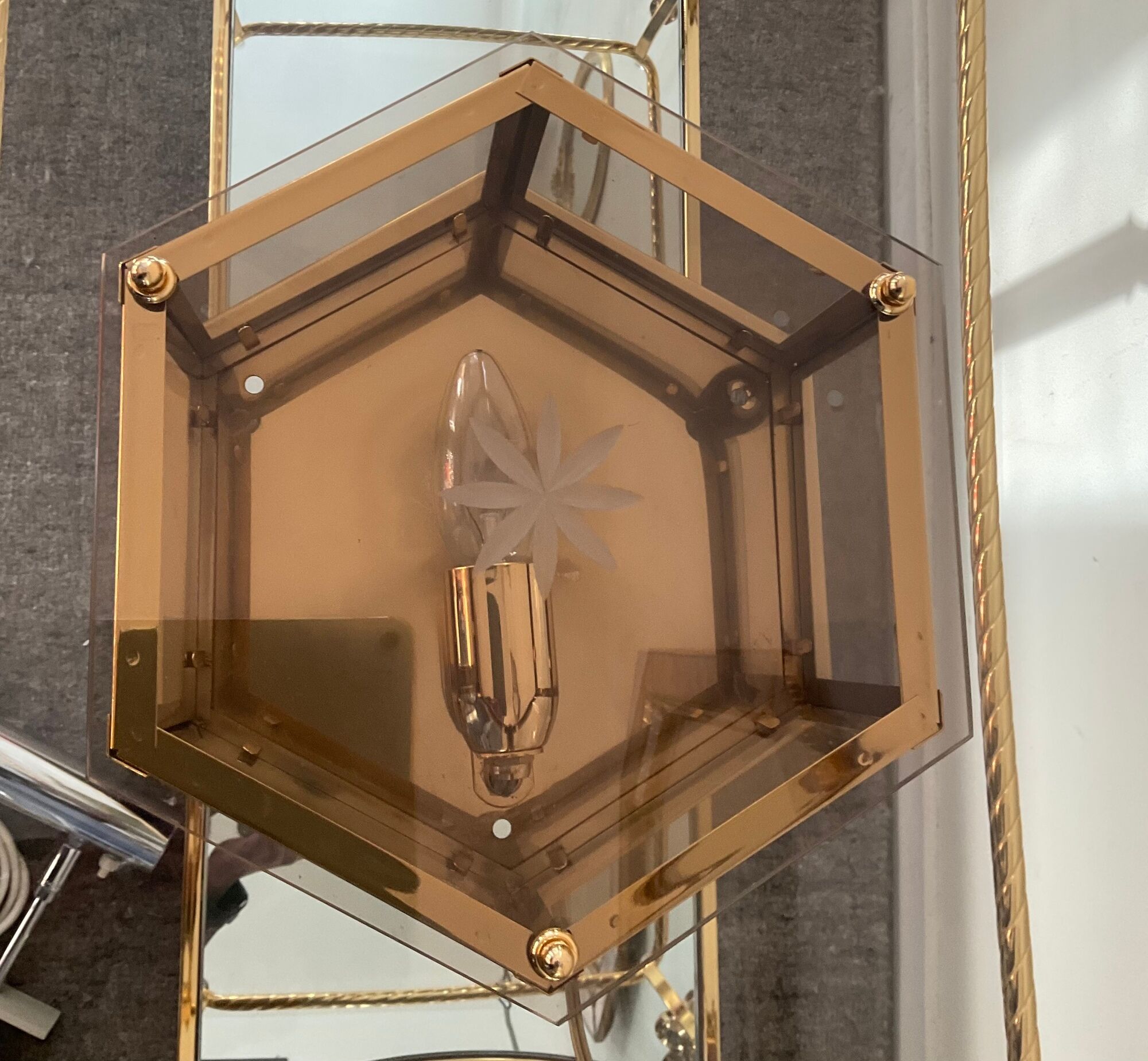 Vintage ceiling lamp in brass and smoked glass