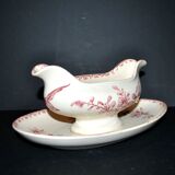 Sarreguemines earthenware gravy boat, Red Favorite with birds