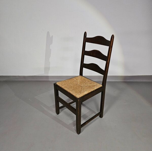 Ensemble de 2 chaises de salle à manger en chêne, rustiques, de ferme, à dossier en échelle avec sièges en jonc