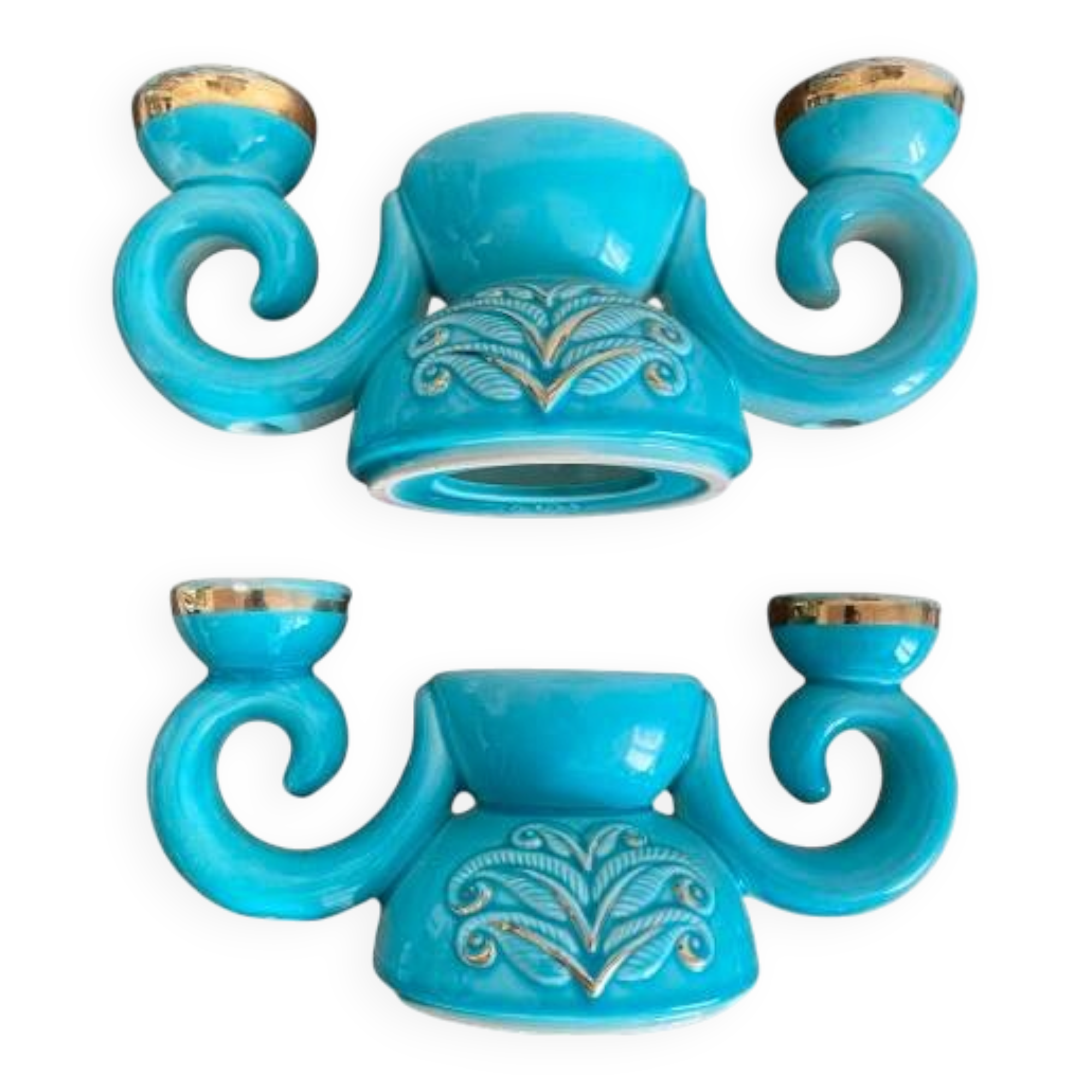 Pair of turquoise and gold double candlesticks