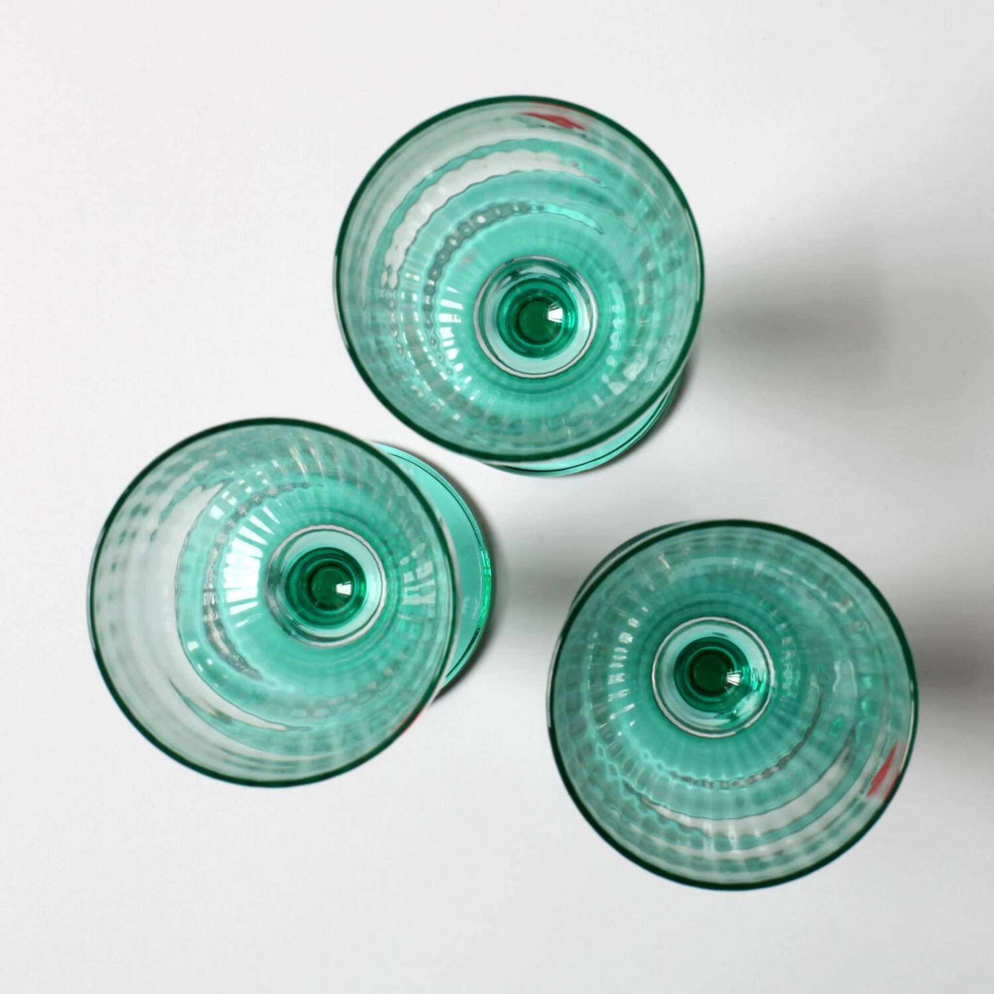 Set of 3 Vintage Bormioli Rocco Wine Glasses: Green Stem Harmonia Flutes