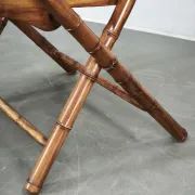 1970s French Folding Safari Chair in Teak, Black Leather and Brass