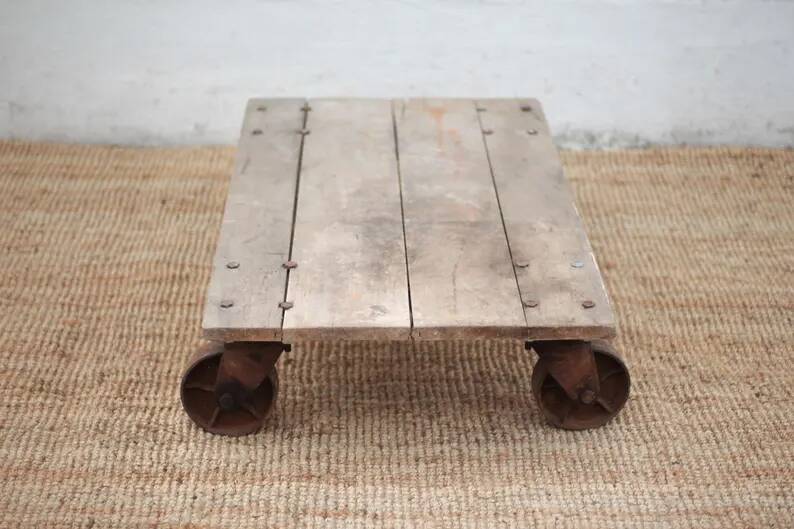 Vintage trolley coffee table, industrial wooden table on wheels, decor.