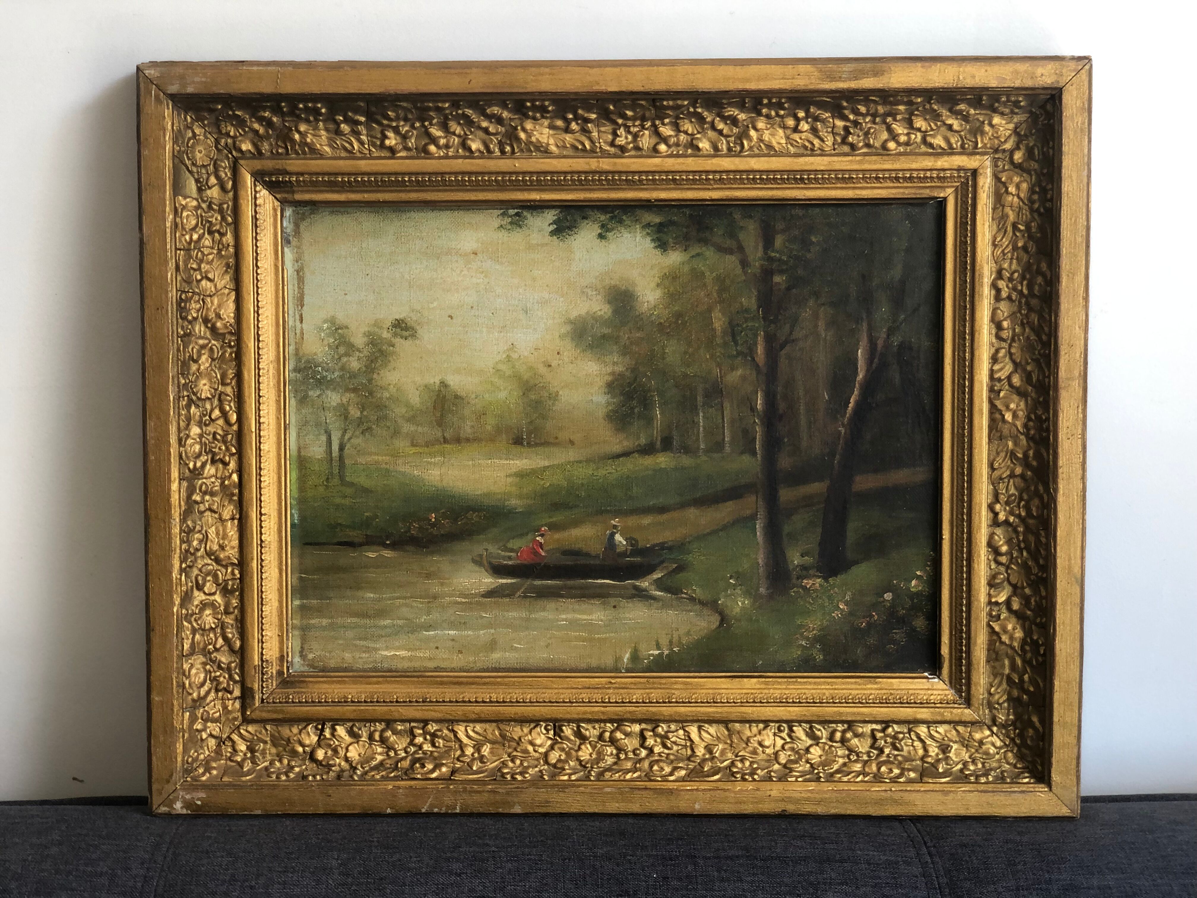 Oil on canvas framed Landscape with boat