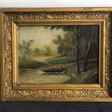 Oil on canvas framed Landscape with boat