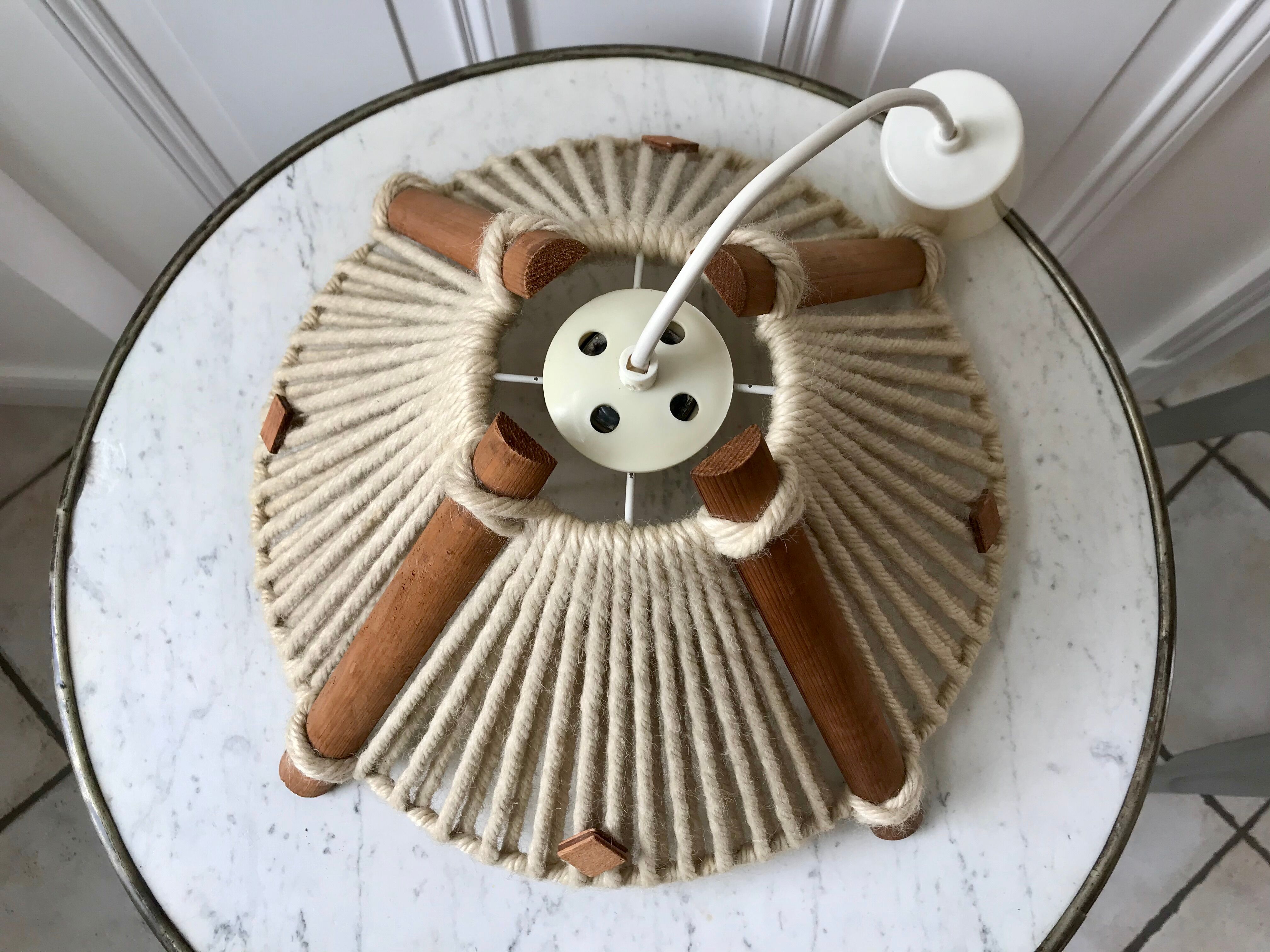 Scandinavian suspension lamp in wood and wool made in gdr 60s