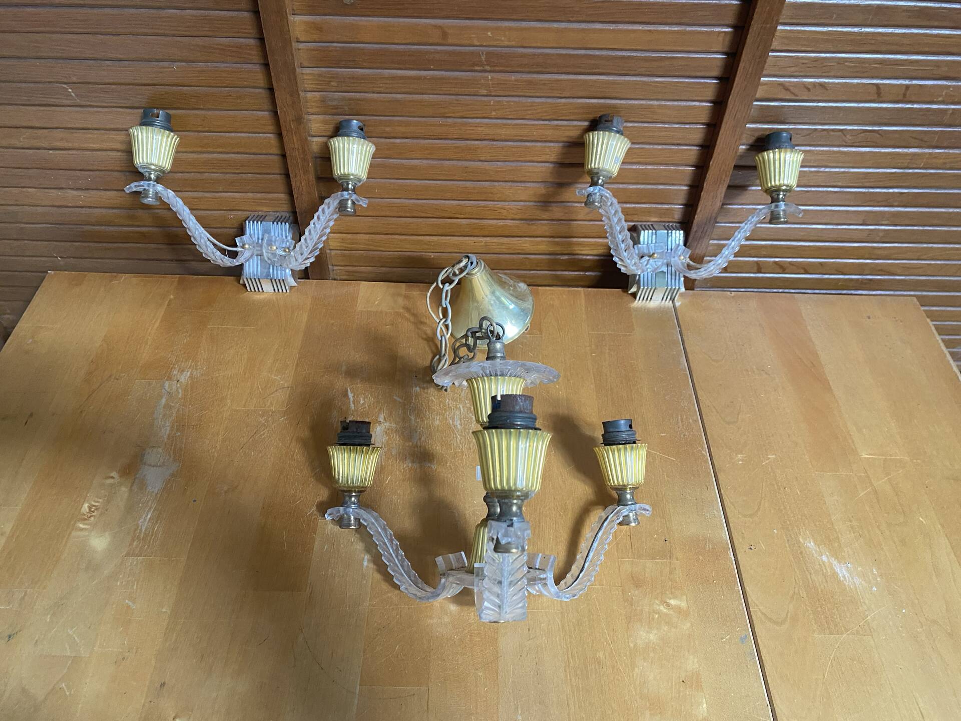 Chandelier + pair of wall lights in the old style jules leleu gilded + perspex plexi