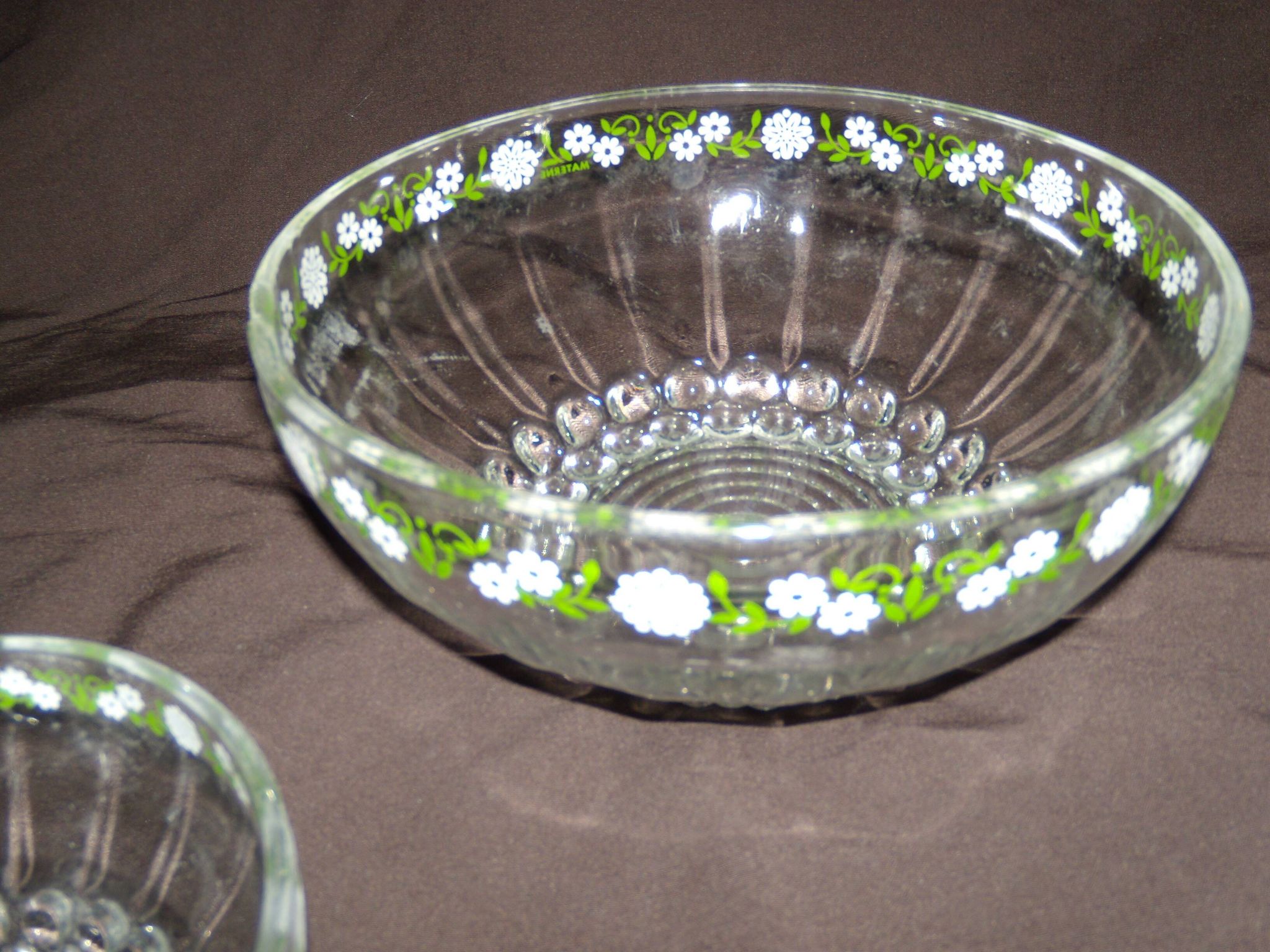 Set of 3 antique glass bowls/dishes decorated with small white flowers by Materne, rare.