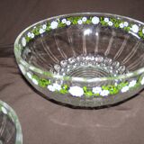 Set of 3 old glass bowls/cups decorated with small white flowers Materne rare