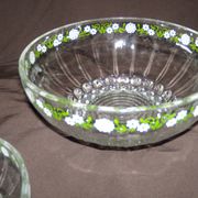 Set of 3 antique glass bowls/dishes decorated with small white flowers by Materne, rare.
