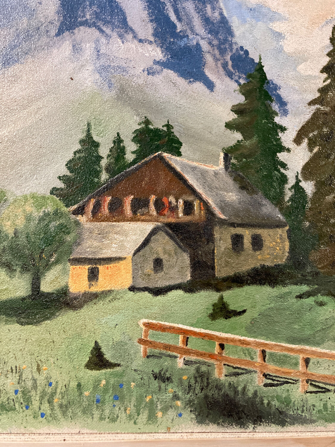 Large chalet mountain landscape oil on panel / old painting