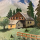 Large chalet mountain landscape oil on panel / old painting