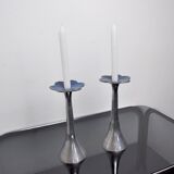 Pair of floral candlesticks by art3, aluminum and blue enameled ceramic, spain, 1980