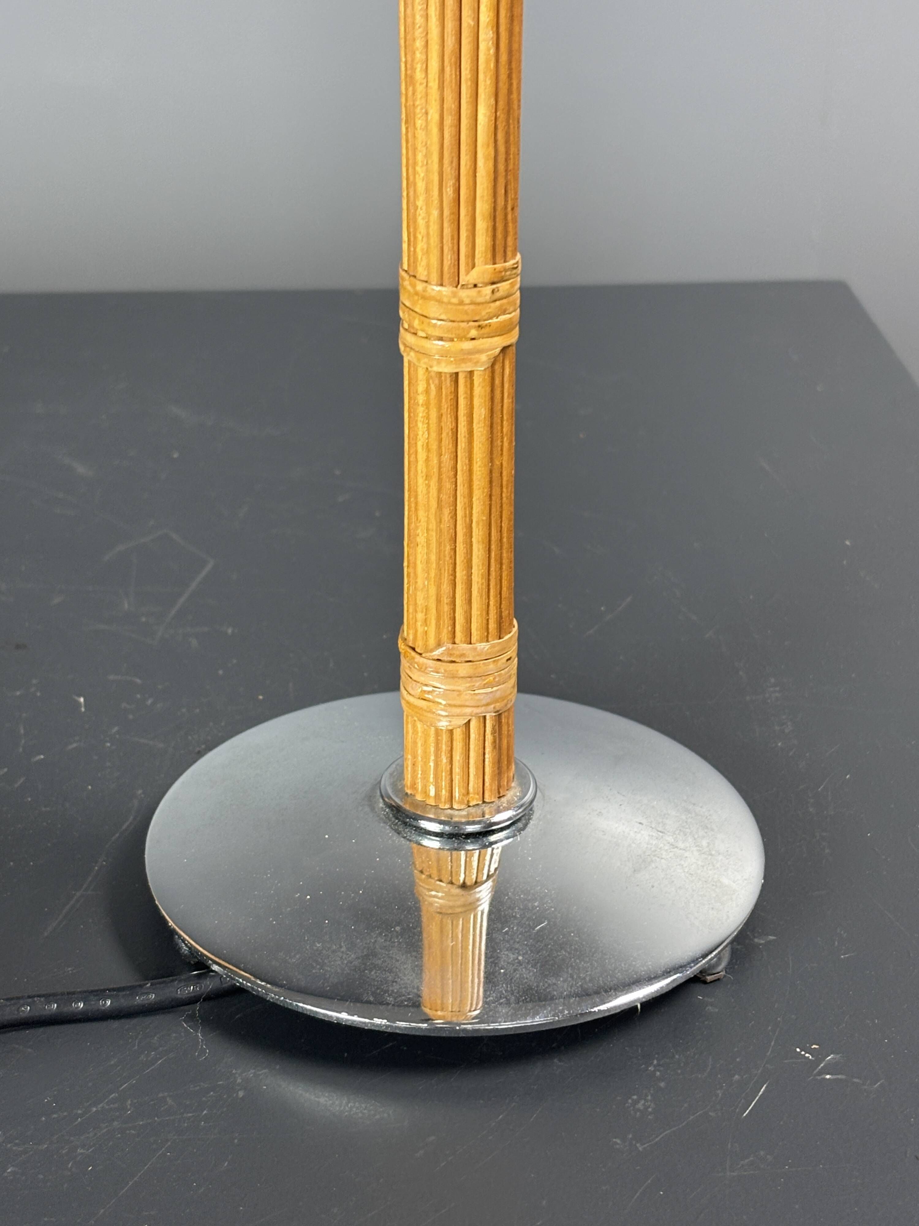 Set of 2 pencil reed rattan bamboo and chrome table lamps, 1980s