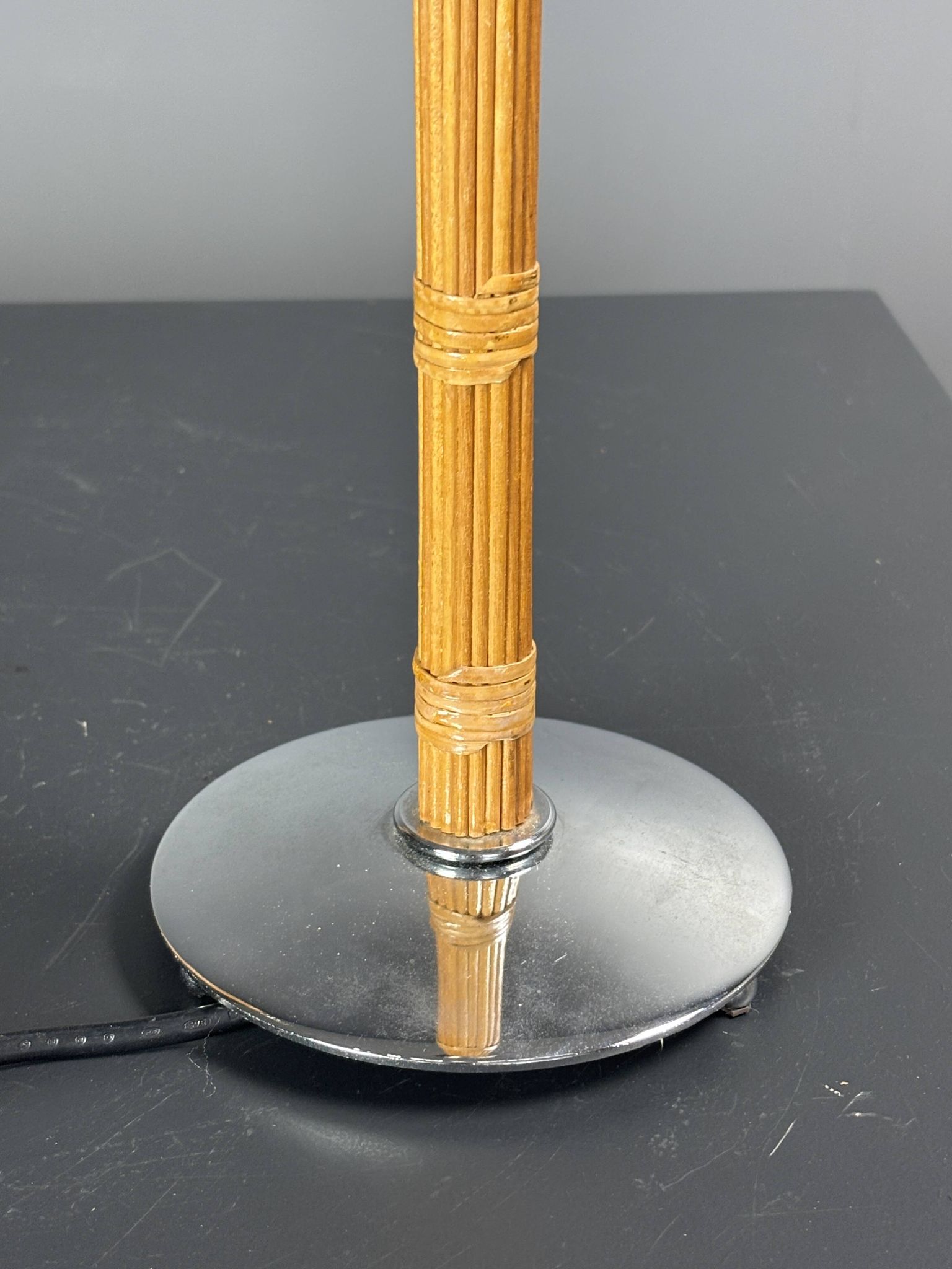 Set of 2 pencil reed rattan bamboo and chrome table lamps, 1980s