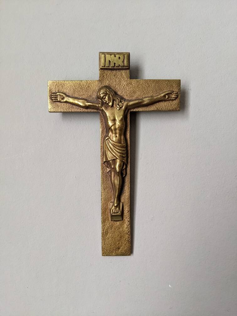 INRI gilded bronze wall crucifix, ancient religious object