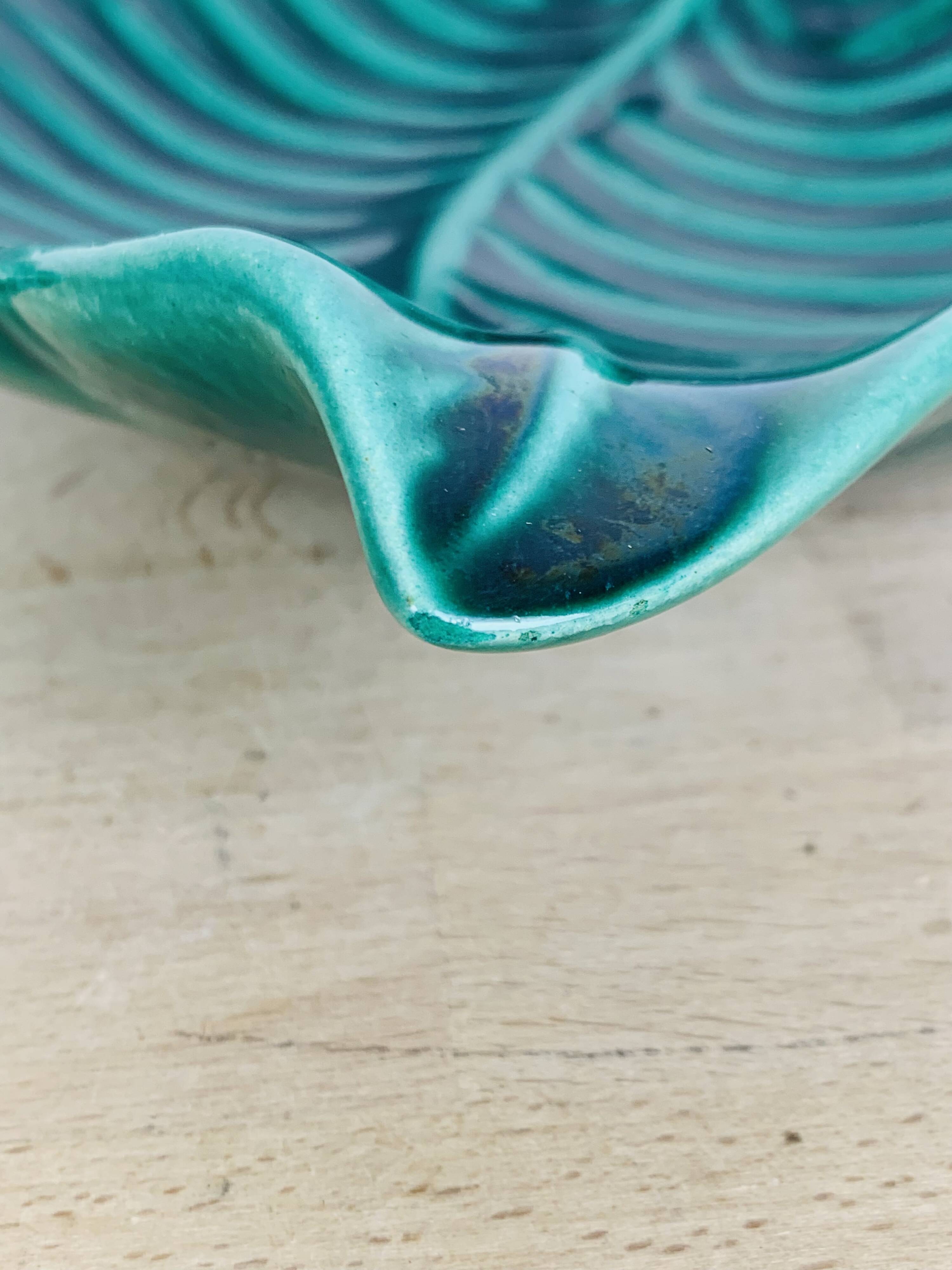 Ceramic cup signed CAB, green leaf, 1950s, slip